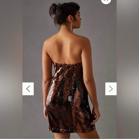 Anthropologie Strapless Sequin Mini Dress in Rose Gold, Black, & Rust Streak I 4 - Picture 6 of 10